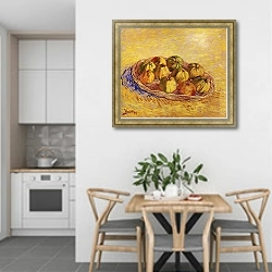 «Натюрморт с корзиной яблок» в интерьере кухни в светлых тонах над обеденным столом