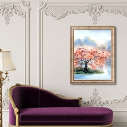 «Нежное цветущее дерево у реки» в интерьере в классическом стиле над банкеткой