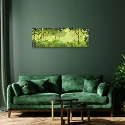 «Зеленый тропический лес с лианами» в интерьере стильной зеленой гостиной над диваном