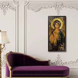 «Картина архангела Михаила в стиле на старой православной иконы» в интерьере зеленой гостиной над диваном