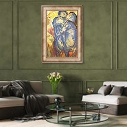 «Башня из синих коней» в интерьере гостиной в оливковых тонах