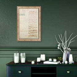 «First draft of the Constitution of the United States, 1787» в интерьере прихожей в зеленых тонах над комодом