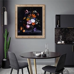 «Натюрморт с цветами и веткой персиков» в интерьере современной кухни в серых цветах