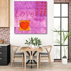 «Love, коллаж» в интерьере кухни с кирпичными стенами над столом