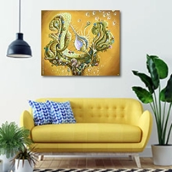 «Морская композиция» в интерьере современной гостиной с желтым диваном