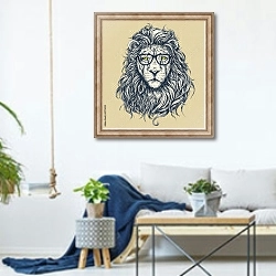 «Лев в очках» в интерьере гостиной в скандинавском стиле над диваном