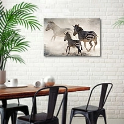 «Скачущие зебры» в интерьере столовой в скандинавском стиле с кирпичной стеной