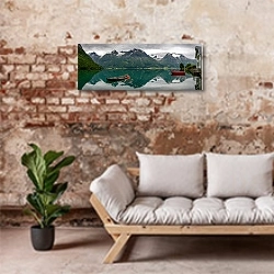 «Лодки в отражении гор. Норвегия» в интерьере современной гостиной в стиле лофт