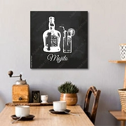 «Мохито и бутылка рома» в интерьере кухни над обеденным столом с кофемолкой