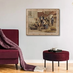 «Paying the Harvesters, 1882» в интерьере гостиной в бордовых тонах