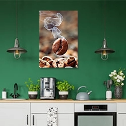 «Дымящееся кофейное зерно» в интерьере кухни с зелеными стенами