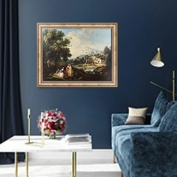 «Пейзаж с группой людей» в интерьере в классическом стиле в синих тонах