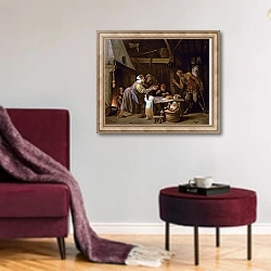 «The Satyrs and the Family» в интерьере гостиной в бордовых тонах