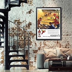 «Ретро-Реклама 66» в интерьере двухярусной гостиной в стиле лофт с кирпичной стеной