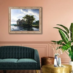 «Домик и стог сена у реки» в интерьере классической гостиной над диваном