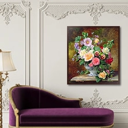 «Roses, pansies and other flowers in a vase» в интерьере в классическом стиле над банкеткой