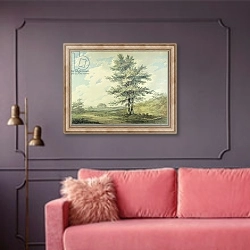 «Landscape with Trees and Figures, c.1796» в интерьере гостиной с розовым диваном