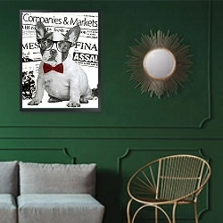 «Wall street dog, 2015,» в интерьере классической гостиной с зеленой стеной над диваном