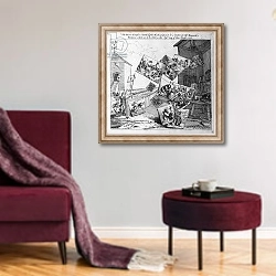 «The Battle of the Pictures, 1745» в интерьере гостиной в бордовых тонах