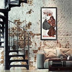 «Ретро-Реклама 56» в интерьере двухярусной гостиной в стиле лофт с кирпичной стеной