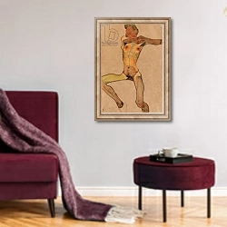 «Male nude, yellow, 1910» в интерьере гостиной в бордовых тонах