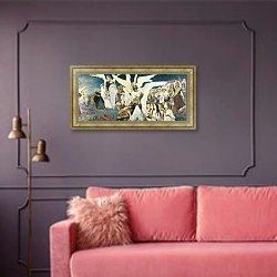 «Радость праведных о Господе.Преддверие рая Триптих, (правая часть)» в интерьере гостиной с розовым диваном