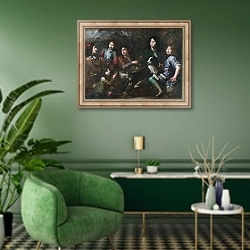 «Отдыхающие охотники» в интерьере гостиной в зеленых тонах