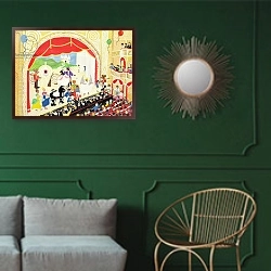 «Pantomime» в интерьере классической гостиной с зеленой стеной над диваном