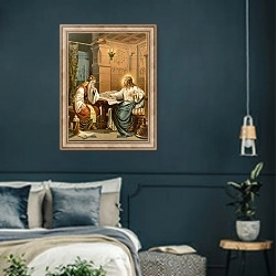 «Christ's conversation with Nicodemus» в интерьере классической спальни с темными стенами
