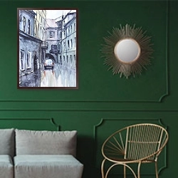 «Улица старого города в дождливый день» в интерьере классической гостиной с зеленой стеной над диваном