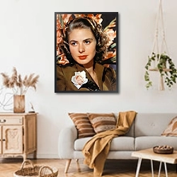 «Bergman, Ingrid 9» в интерьере гостиной в стиле ретро над диваном