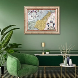 «Map of Palestine, from Theatrvm Orbis Terrarvm, 1570» в интерьере гостиной в зеленых тонах