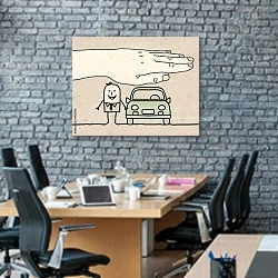 «Большая рука - страхование автомобилей» в интерьере современного офиса с черной кирпичной стеной