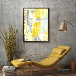 «Жёлто-серо-белая абстракция» в интерьере в стиле лофт с желтым креслом