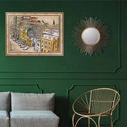 «Улица Москвы» в интерьере классической гостиной с зеленой стеной над диваном