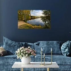 «Московская область, Россия. Осенний пейзаж» в интерьере современной гостиной в синем цвете