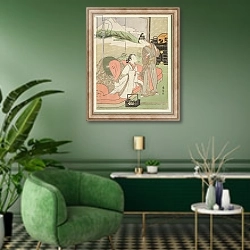 «T H Riches 1913 Lover Taking Leave of a Courtesan, c.1768-9» в интерьере гостиной в зеленых тонах