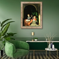 «A Cat watching two boys» в интерьере гостиной в зеленых тонах