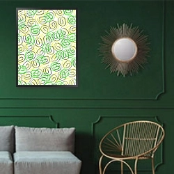 «Twirls» в интерьере классической гостиной с зеленой стеной над диваном