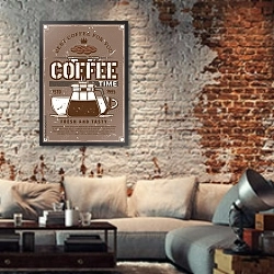 «Ретро плакат с кофейником и чашками» в интерьере гостиной в стиле лофт с кирпичной стеной