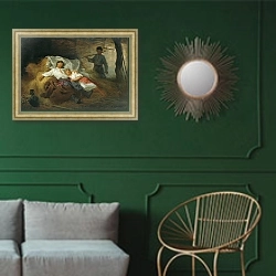 «На сеновале. 1872» в интерьере классической гостиной с зеленой стеной над диваном