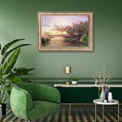 «Sunset, Camargue» в интерьере гостиной в зеленых тонах