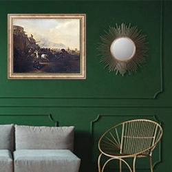 «Кавалерия, атакующая укрепленный район» в интерьере классической гостиной с зеленой стеной над диваном
