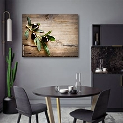 «Оливковая ветка на деревянном столе» в интерьере современной кухни в серых цветах