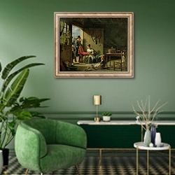 «The Pedlar, 1812» в интерьере гостиной в зеленых тонах