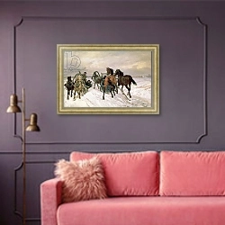 «Meeting, 1876 1» в интерьере гостиной с розовым диваном