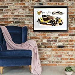 «Автомобили в искусстве 30» в интерьере в стиле лофт с кирпичной стеной и синим креслом