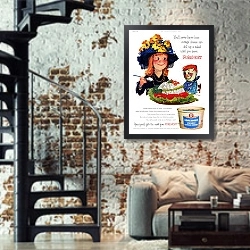 «Ретро-Реклама 266» в интерьере двухярусной гостиной в стиле лофт с кирпичной стеной