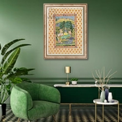 «Krishna and the Gopis» в интерьере гостиной в зеленых тонах
