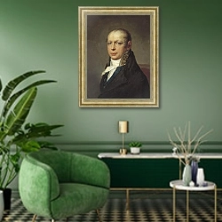 «Портрет архитектора Адриана Дмитриевича Захарова» в интерьере гостиной в зеленых тонах